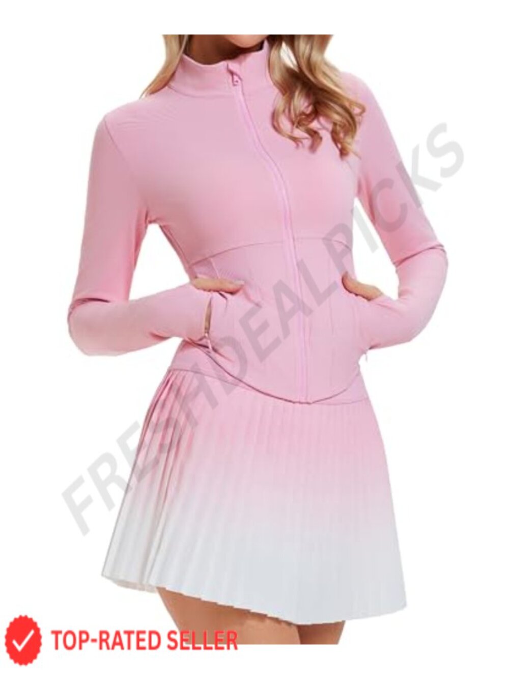 Women 2 Piece Tennis Outfit Zip Up Jacket and Pleated Skirt Set